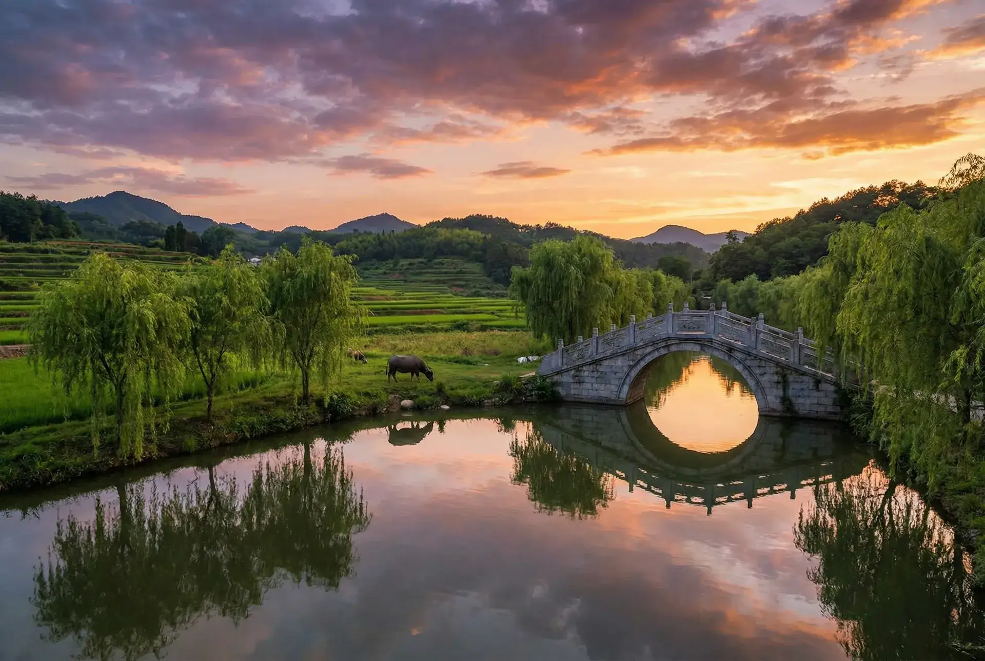 夕阳下的石拱桥与垂柳，水牛在河边吃草 - 新红楼梦徐锦江粤语版 乡村美景