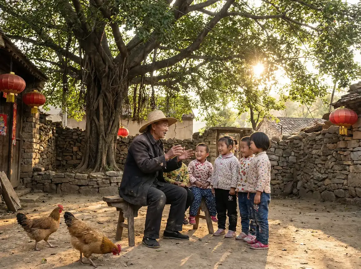 老人在大榕树下给孩子们讲故事 - 新红楼梦徐锦江粤语版 乡村记忆